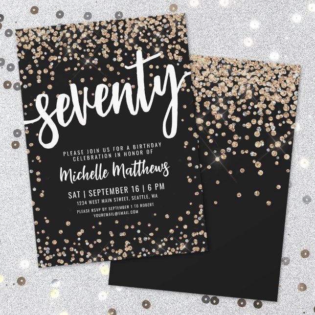 Convite Brilho Ouro Negro Aniversário de 70 anos (Black Gold Glitter 70th Birthday Invitation)