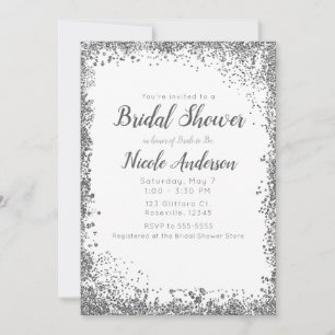 Convite Brilho Prata Branco Moderno Glam Chuveiro de Noiva