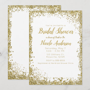 Convite Brilho Prata Branco Moderno Glam Chuveiro de Noiva
