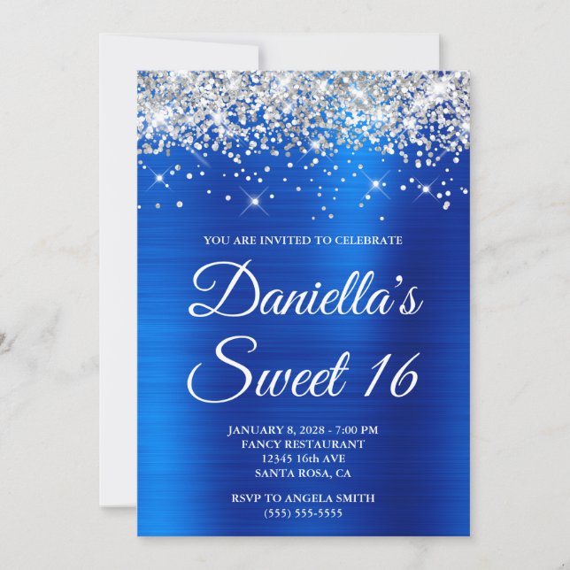 Convite Brilho Prateado Azul Real Folha Sweet 16 (Frente)
