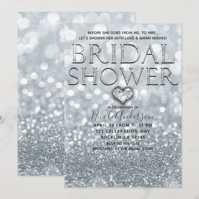 Convite Brilho Prateado Branco Bokeh Noiva Glam Shower (Frente/Verso)