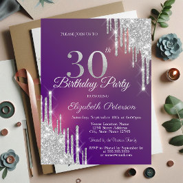 Convite Brilho Prateado Chic Gotas Roxo Aniversário de 30 