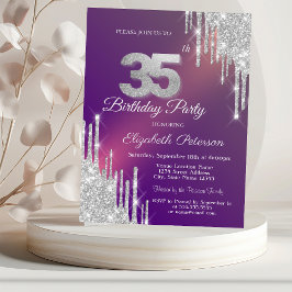 Convite Brilho Prateado Chic Gotas Roxo Aniversário de 35 