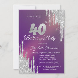 Convite Brilho Prateado Chic Gotas Roxo Aniversário de 40 
