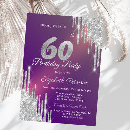 Convite Brilho Prateado Chic Gotas Roxo Aniversário de 60 