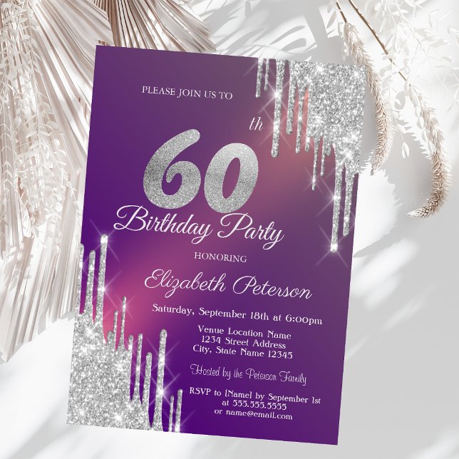 Convite Brilho Prateado Chic Gotas Roxo Aniversário de 60  (Criador carregado)