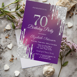 Convite Brilho Prateado Chic Gotas Roxo Aniversário de 70 