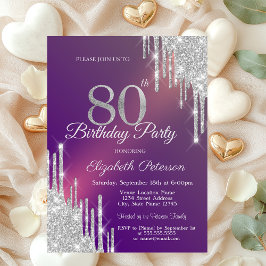 Convite Brilho Prateado Chic Gotas Roxo Aniversário de 80 