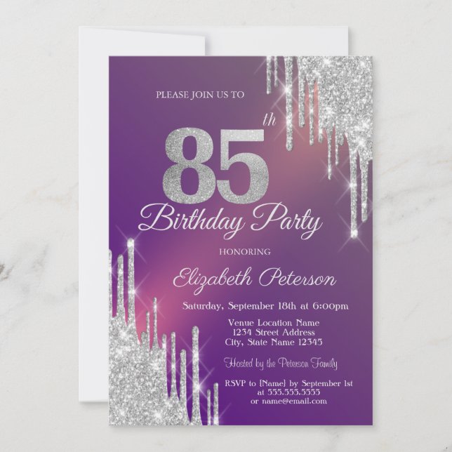Convite Brilho Prateado Chic Gotas Roxo Aniversário de 85  (Frente)