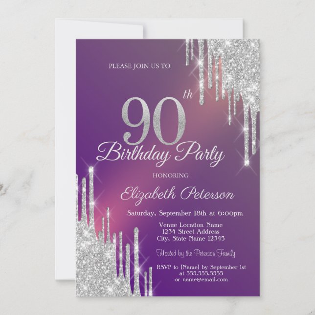 Convite Brilho Prateado Chic Gotas Roxo Aniversário de 90  (Frente)