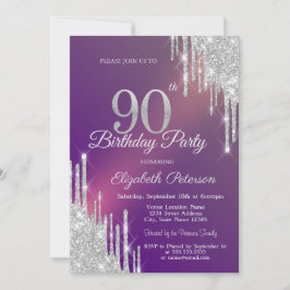 Convite Brilho Prateado Chic Gotas Roxo Aniversário de 90 