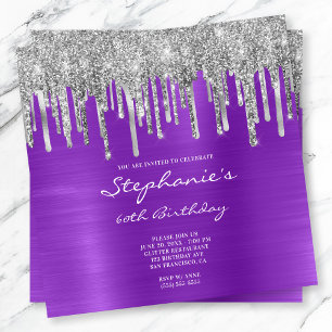Convite Brilho Prateado com Glitter Roxo Folha 60º Anivers