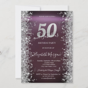 Convite Brilho Prateado Diamantes Borgonha 50º Aniversário