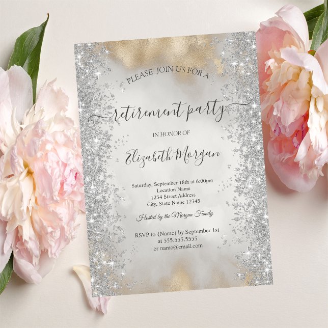 Convite Brilho Prateado Diamantes Dourado Glitter Aposenta (Criador carregado)