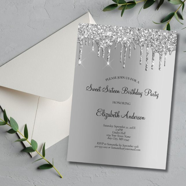 Convite Brilho Prateado Drip Glam Doce 16 Aniversário  (Silver Dripping Glitter Sweet Sixteen Birthday Party Invitation. Printed or Digital Download)