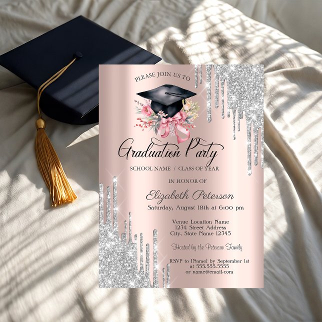 Convite Brilho Prateado Flores Gota Grad Cap Dourado Rosa (Criador carregado)