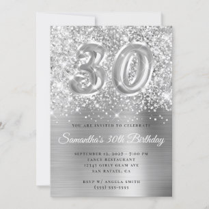 Convite Brilho Prateado Glam Número Aniversário de 30 anos