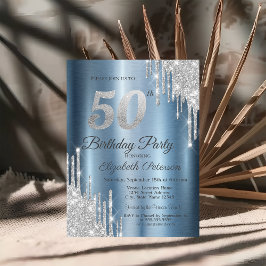 Convite Brilho Prateado Gotejante Azul Metálico 50º Aniver