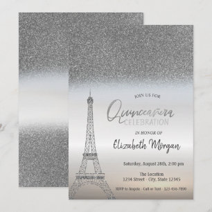 Convite Brilho Prateado Ombre, Eiffel Tower Quinceanera