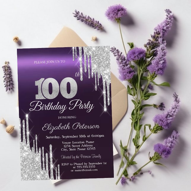 Convite Brilho Prateado Pingando Roxo Escuro Aniversário d (Criador carregado)