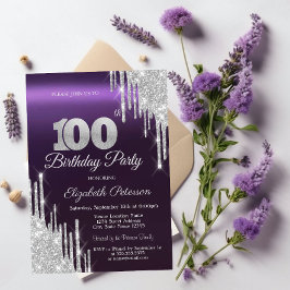Convite Brilho Prateado Pingando Roxo Escuro Aniversário d