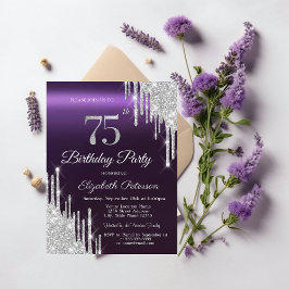 Convite Brilho Prateado Pingando Roxo Escuro Aniversário d