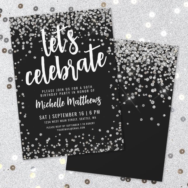 Convite Brilho Prateado Preto Aniversário de Qualquer Idad (Black Silver Glitter Any Age Birthday Invitation)