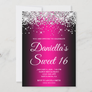 Convite Brilho Prateado Preto Magenta Ombre Sweet 16