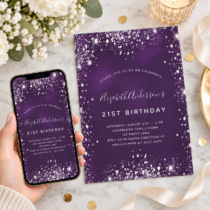 Convite Brilho prateado roxo de aniversário