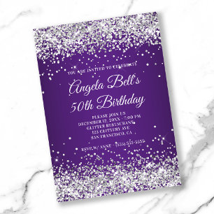Convite Brilho Prateado Royal Purple Ombre 50º Aniversário