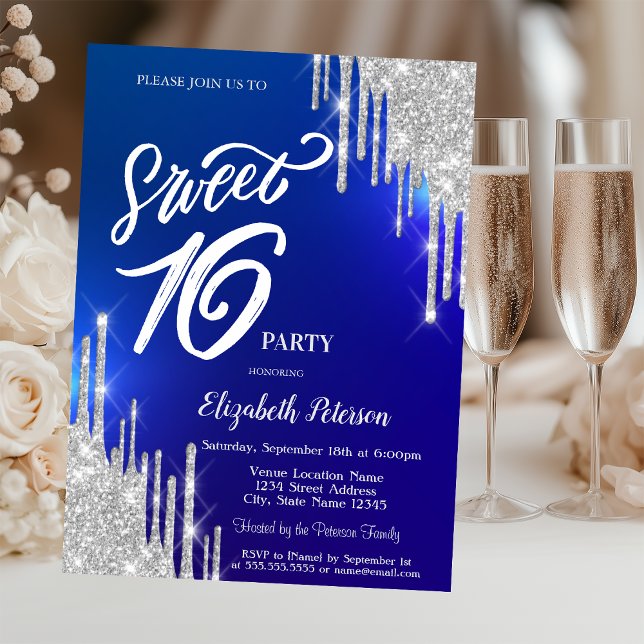 Convite Brilho Prateado Simples Gotejando Azul Sweet 16  (Criador carregado)