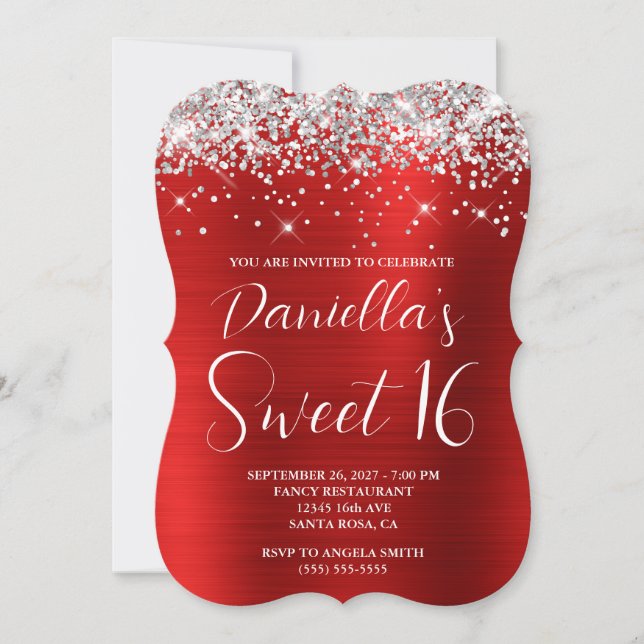 Convite Brilho Prateado Vermelho Glam Sweet 16 (Frente)