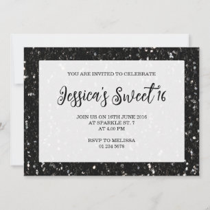 Convite Brilho preto brilha Sweet 16 elegante script