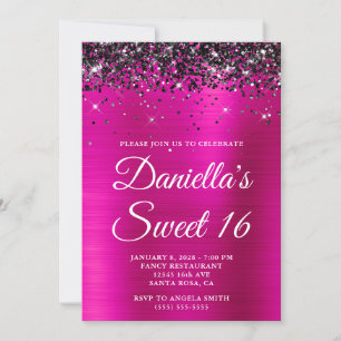 Convite Brilho Preto Brilho Rosa Quente Foil Sweet 16