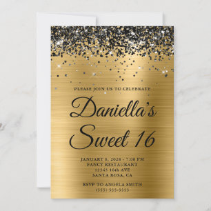 Convite Brilho Preto Glitter Folha Dourada Sweet 16
