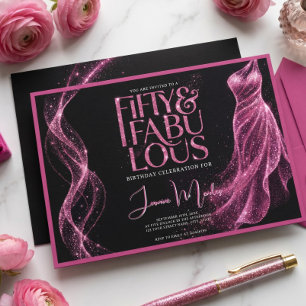 Convite Brilho Preto Rosa 50 & Fabuloso Aniversário Elegan