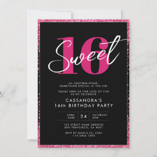 Convite Brilho Preto Rosa Glam Sweet Dezesseis Aniversário