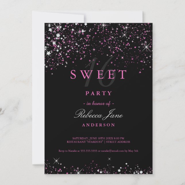 Convite Brilho Preto Sweet 16 Pink (Frente)