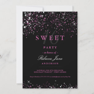 Convite Brilho Preto Sweet 16 Pink