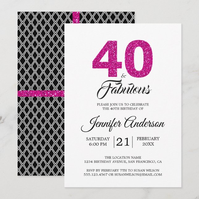 Convite Brilho Rosa 40 e Fabuloso| aniversário de 40 anos (Frente/Verso)