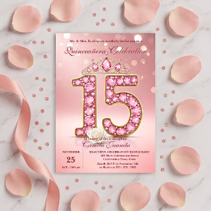 Convite Brilho Rosa Bege 15 Tiara Rosa Quinceañera