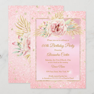 Convite Brilho Rosa Bege Dourado Rosa Floral Festa de Aniv