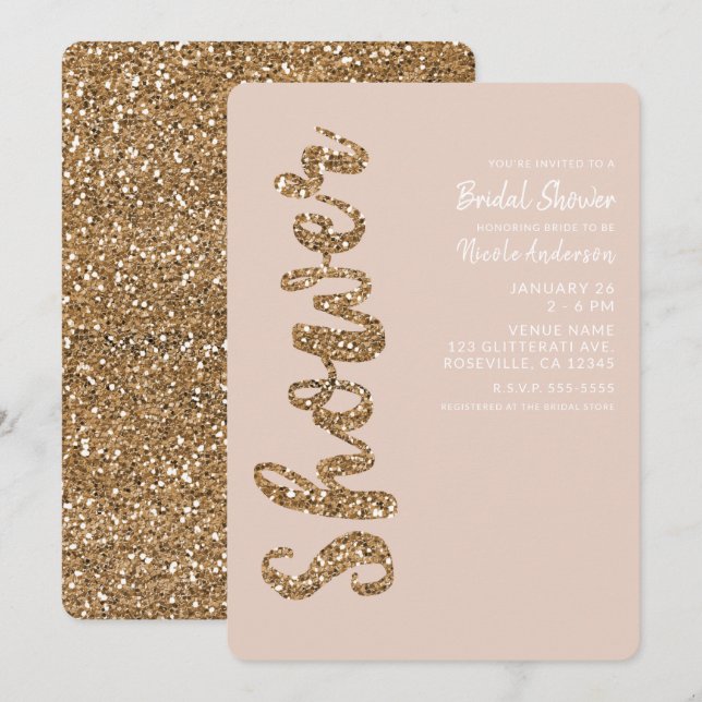 Convite Brilho Rosa Dourado Blush Glam Chá de Noiva (Frente/Verso)