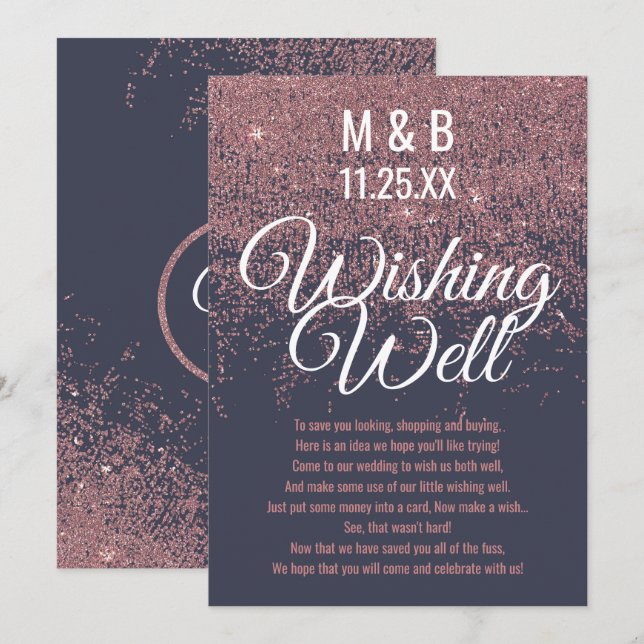 Convite Brilho Rosa Dourado Brilhos Azul-Marinho Poço de D (Frente/Verso)