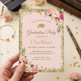 Convite Brilho Rosa Dourado Flores Glitters Foto Graduação