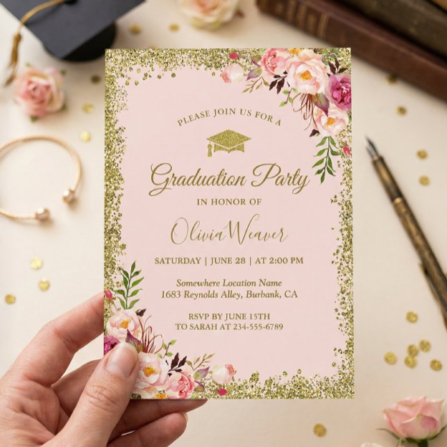 Convite Brilho Rosa Dourado Flores Glitters Foto Graduação (Criador carregado)