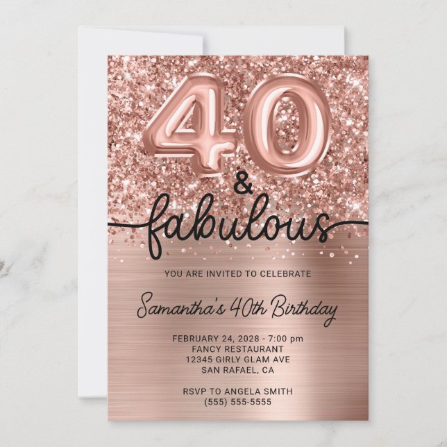 Convite Brilho Rosa Dourado Glam 40 e Fabuloso (Frente)