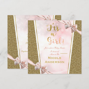 Convite Brilho Rosa Dourado Glam É uma Menina Arco Chuveir
