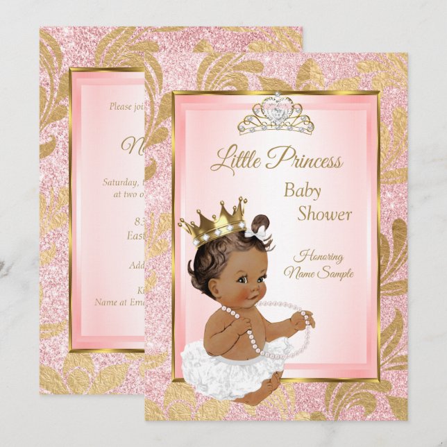 Convite Brilho Rosa Dourado Princesa Chás de Bebê Étnico (Frente/Verso)
