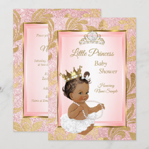 Convite Brilho Rosa Dourado Princesa Chás de Bebê Étnico